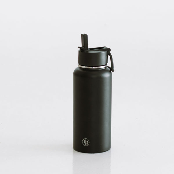 Liquorice Black Water Bottle with YR Logo - Product View | Your Reformer
