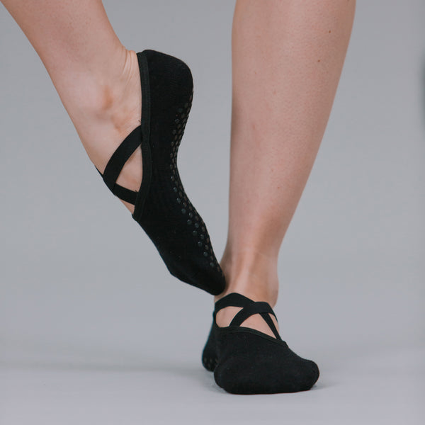 Black Ballet Grip Socks with Crossover Straps - Side View | Your Reformer