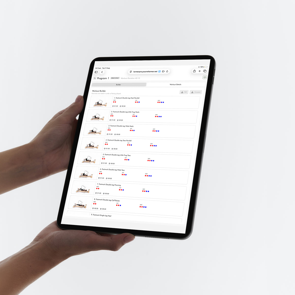 InstructorPro reformer workout program view on iPad - Pilates instructor subscription tool | Your Reformer
