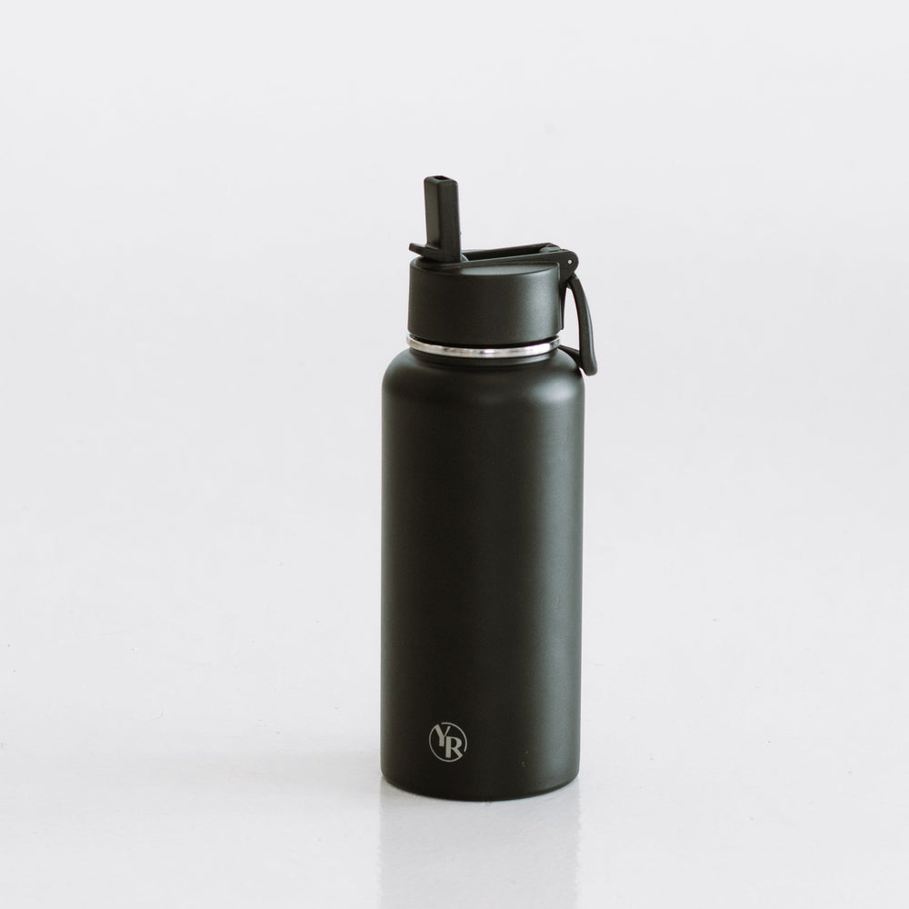 Liquorice Black Water Bottle with YR Logo - Product View | Your Reformer